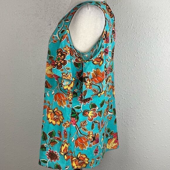 EUC Unbranded (Tag Cut Out) Floral Teal Peekaboo/Cold Shoulder Short Sleeve Top - Picture 3 of 5